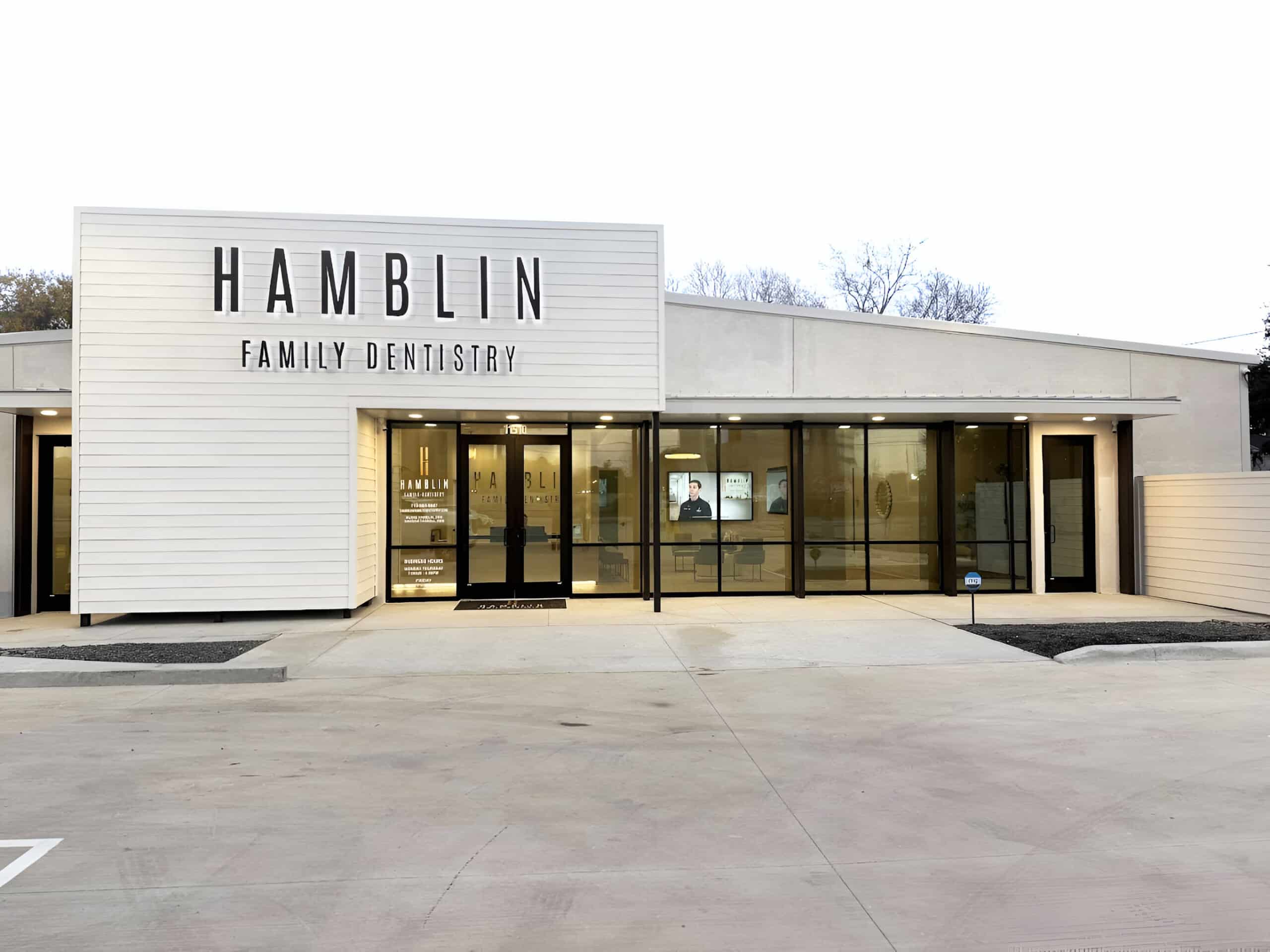 Front view of Hamblin Family Dentistry, showing the entrance and signage at 11510 Katy Freeway in Houston