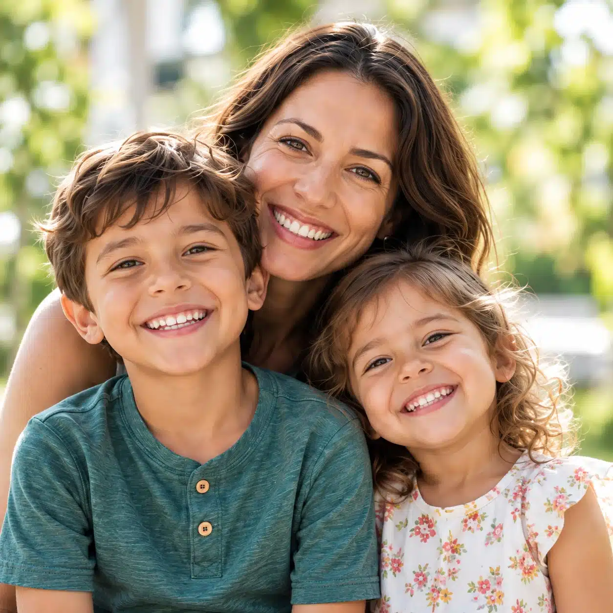 A smiling mother with her two children